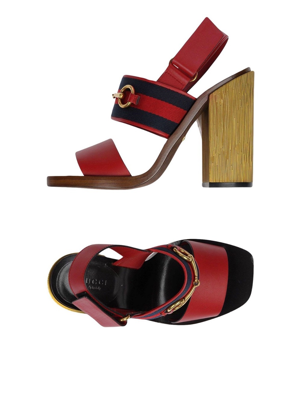 Gucci Red and Navy Block Heel Sandals with Gold Horsebit - Picture 4 of 4